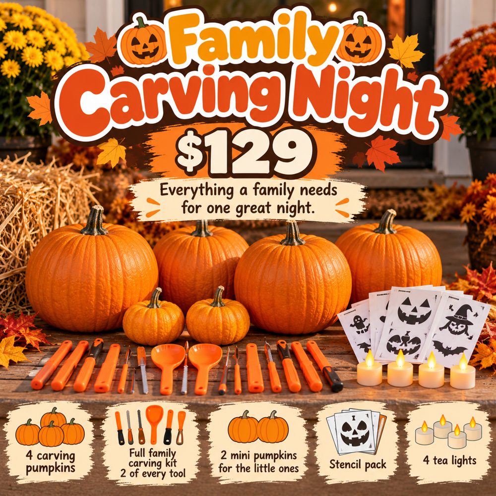 Family Carving Night: 4 carving pumpkins, 2 mini pumpkins, a full family carving kit, stencils, and 4 tea lights