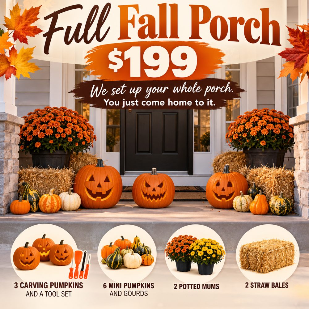A front porch set up with carved pumpkins, mini pumpkins and gourds, potted mums, and straw bales