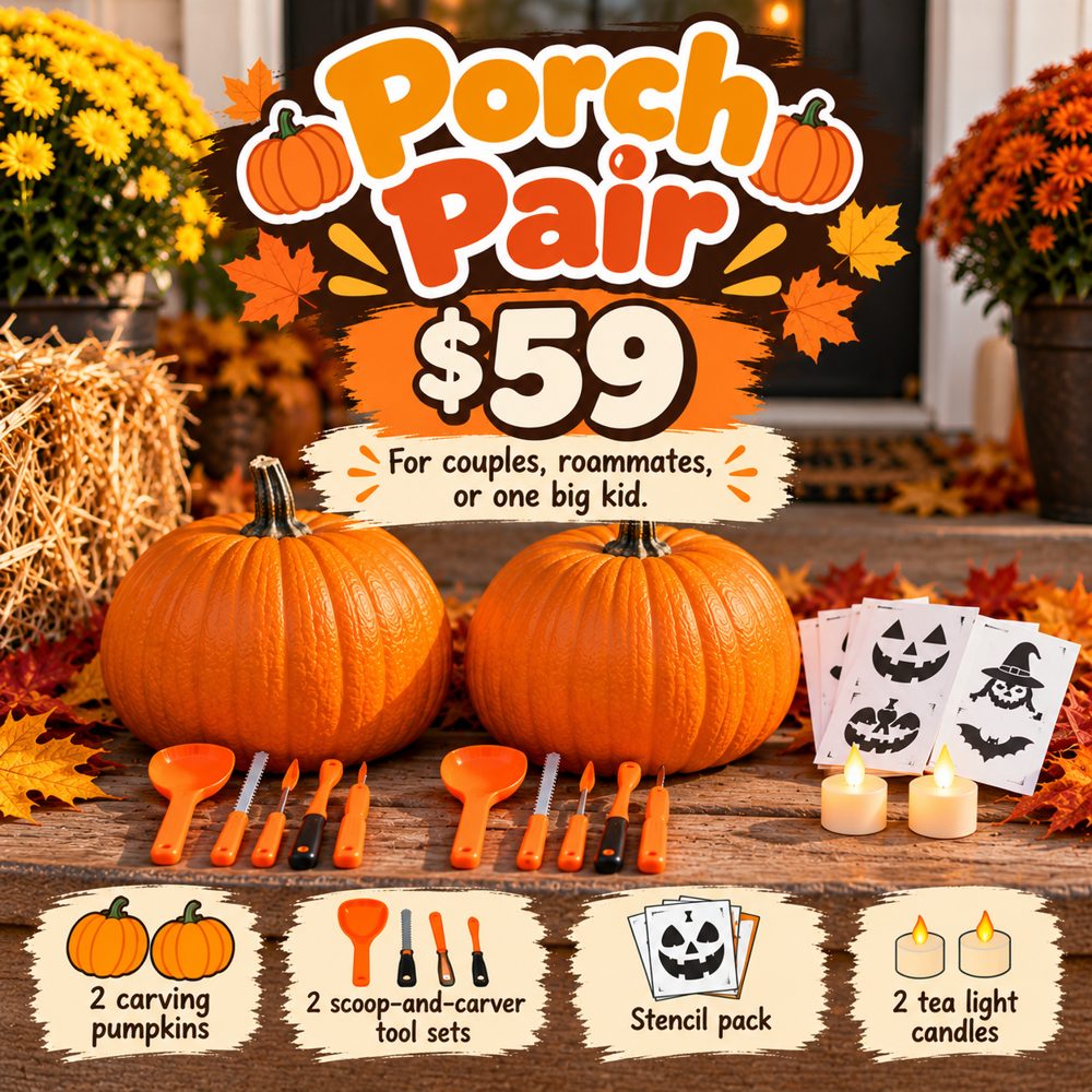 Porch Pair: 2 carving pumpkins, 2 scoop-and-carver tool sets, a stencil pack, and 2 tea light candles on a porch step